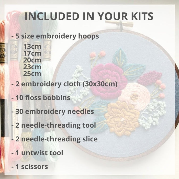 Embroidery Starter Kit Cross Stitch Tool Kit 100 Color Embroidery Threads,  5 Wooden Embroidery Hoops, 2 Pieces Aida Cloth 